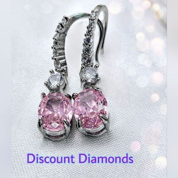 Oval Cut Pink Diamond Earrings with Clear White Baguette Diamond… - Picture 2 of 7